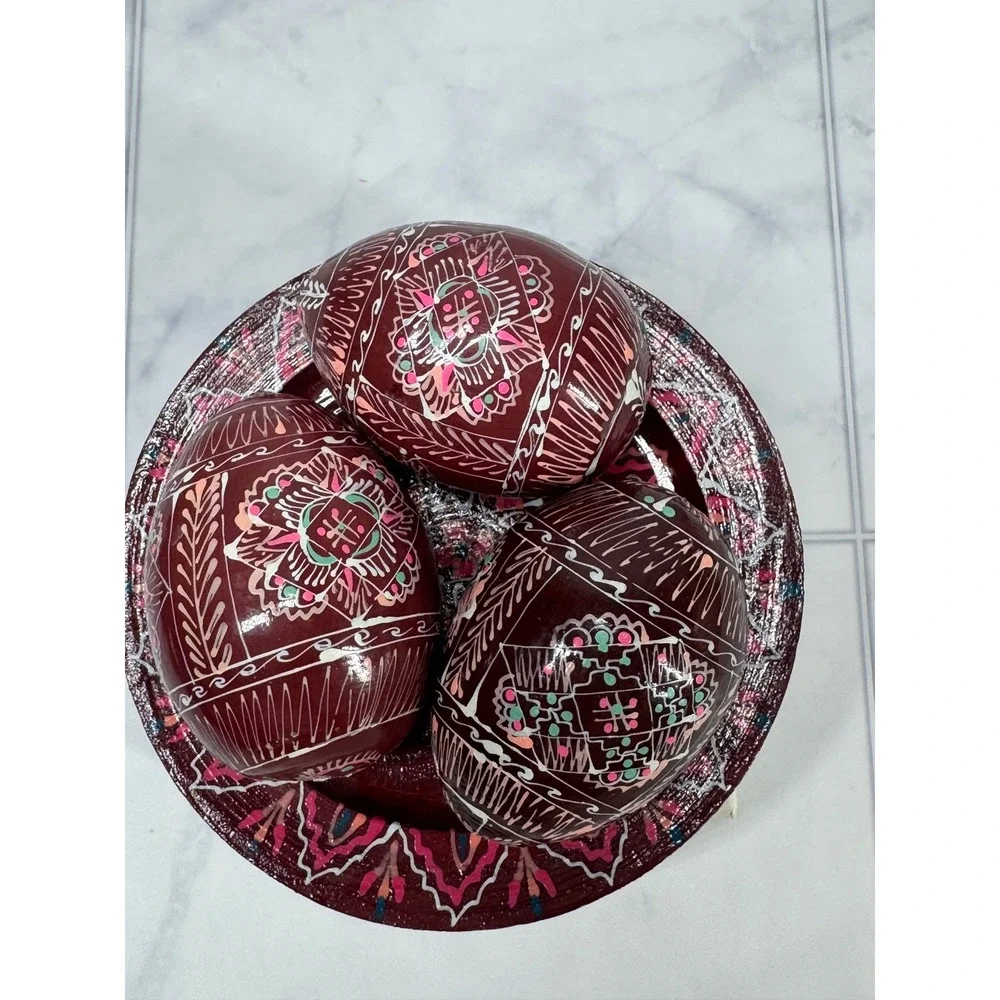 Hand Painted Wooden Easter Egg Set 3 Eggs and Display Plate Burgundy Folk Art